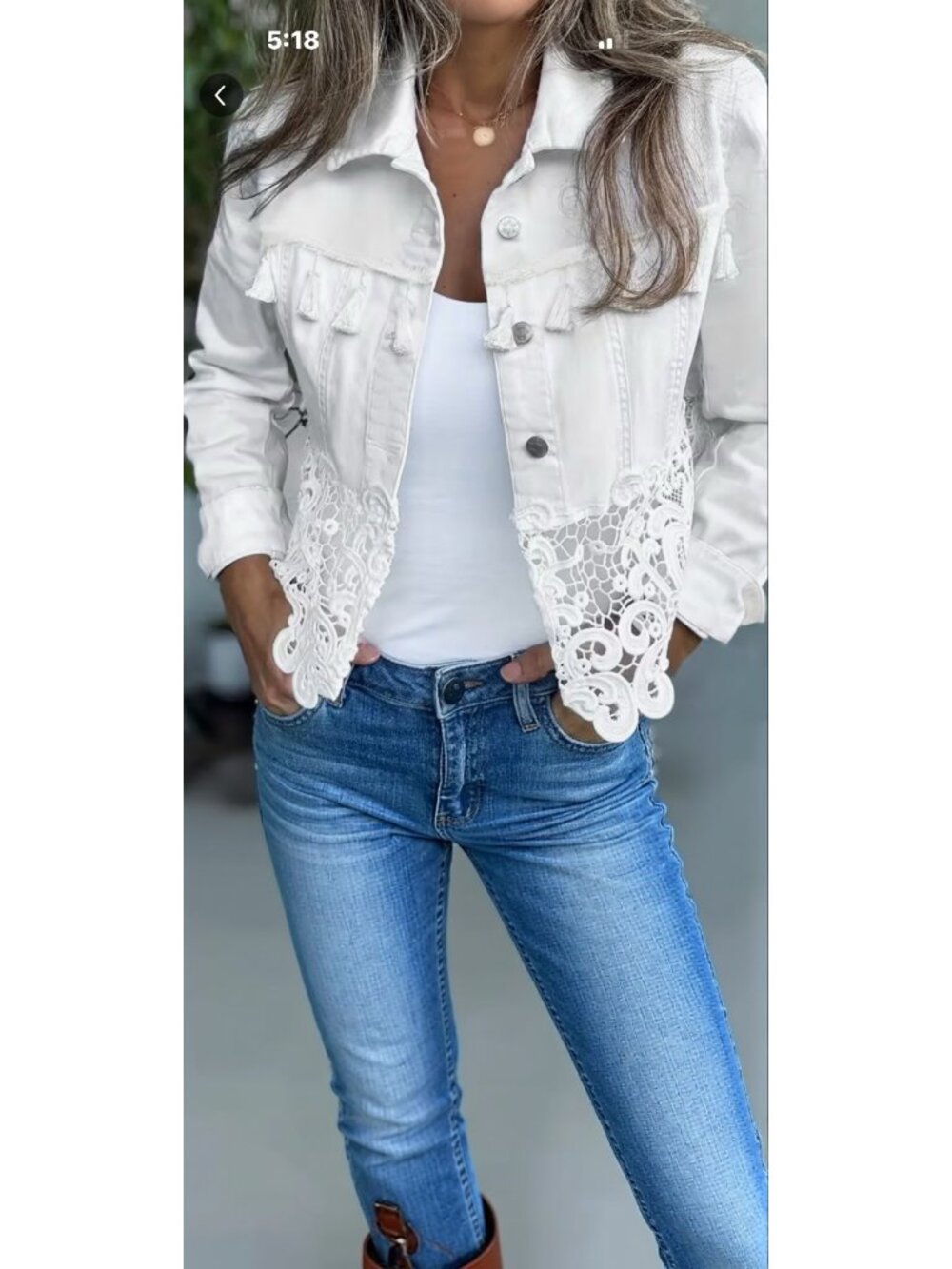 WHITE Tassel & Lace Hem Collar Denim Jacket - Size L/XL- BRAND NEW